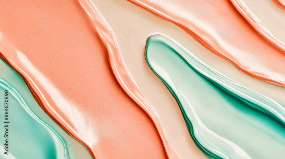 Poster closeup of cosmetic cream forming wavy lines on a peach and green background, creating a visually ap