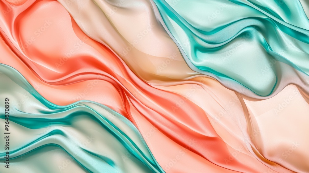 Poster smooth elegant turquoise and coral pink fabric forming soft folds creating a delicate and romantic b