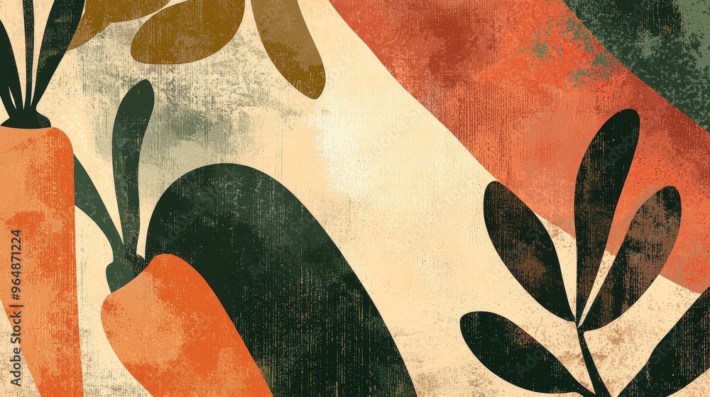 Poster abstract background featuring carrots and leaves in a modern, minimalist style with a grunge texture