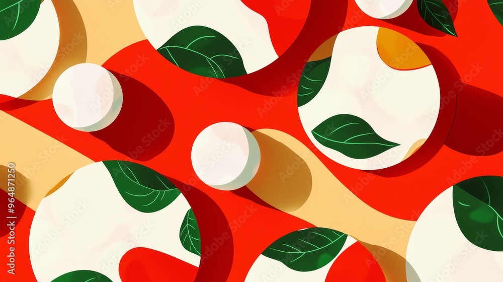 Poster abstract background design featuring green leaves resting on white circles over a red and orange bac