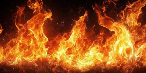 Obraz premium Intense Blazing Fire Flames on Black Background - High-Quality Fiery Inferno Image for PEXELS and Unsplash Stock Photos