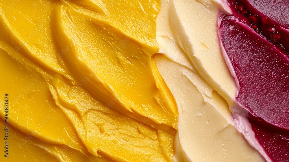 Poster three different colors of spread cream are laying next to each other, creating a vibrant and appetiz