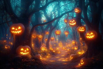 Obraz premium glowing pumpkin heads in dark halloween magic forest, neural network
