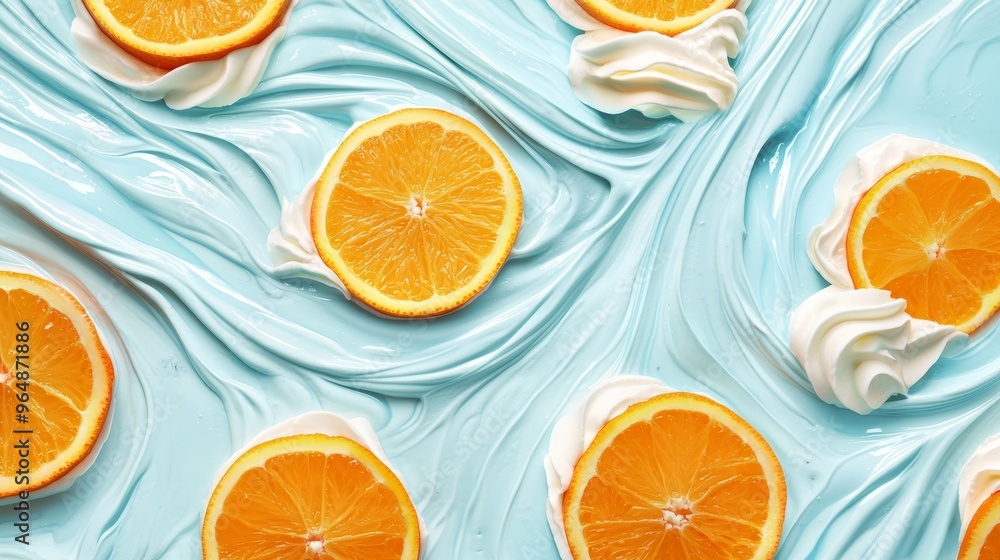 Poster several orange slices are laying on a blue surface covered with whipped cream swirls, creating a ref