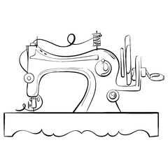 Vintage sewing machine for tailoring. Clothes design. Handcraft for fashion in retro style. Graphic vector line, hand drawn, black silhouette for cricut