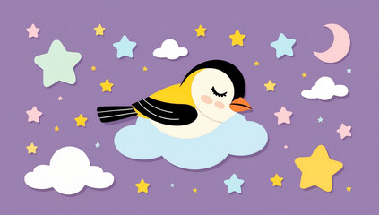 Obraz premium Little cartoon bird sleeping on a cloud, flat design illustration