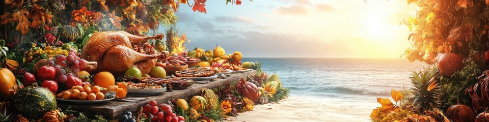 Vibrant Autumn Harvest Display at Beachside with Sunlit Ocean View Featuring Pumpkins, Fruits, and Bountiful Fall Produce