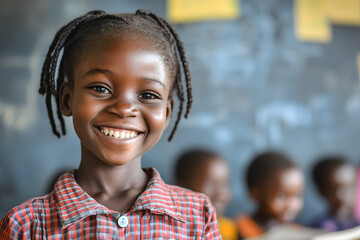 Portrait of African school girl smiling in classroom, rural village with availability of education