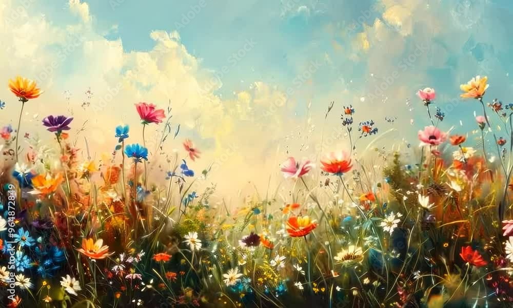 Poster A serene meadow filled with wildflowers, their colors blending into a vibrant patchwork. Video