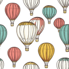 Obraz premium Line art, sketch doodle seamless pattern of hot air balloons