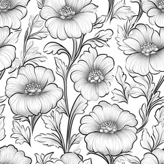 Black and white line art - seamless background with flowers