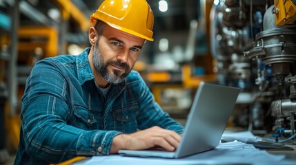 A professional engineer wearing a safety helmet works on a laptop within the industrial setting of a manufacturing plant, representing themes of technology, industry, and engineering.