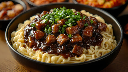 An overhead shot of Jajangmyeon, featuring a generous serving of black bean sauce over perfectly cooked noodles. The sauce is glossy and deep brown, with pieces of tender pork and vegetables. 