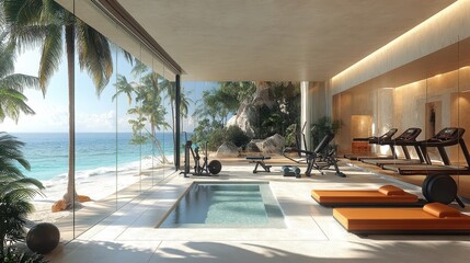 Fototapeta premium 3D Rendering of a Modern Gym with White Walls and Glass Windows Overlooking a Tropical Beach and Palm Trees, Featuring Colorful Fitness Equipment in a Sunlit All-White Mansion
