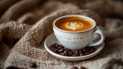 Obraz premium Espresso coffee cup with beans in cozy interior. Coffee background