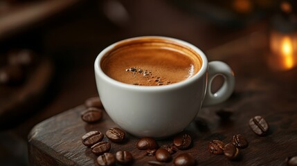 Espresso coffee cup with beans in cozy interior. Coffee background