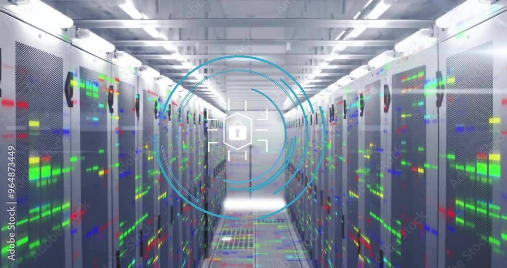 Poster Animation of padlock icon and digital data processing over computer servers