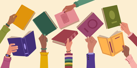 Books exchange or crossing. Diverse hands holding books. People exchanging, borrowing and recommending literature. Hand drawn vector illustration isolated on light background, flat cartoon style.