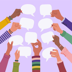 Multiracial hands holding speech bubbles, exchange of ideas or information. Teamwork, cooperation and communication. Hand drawn vector illustration isolated on purple background, flat cartoon style.