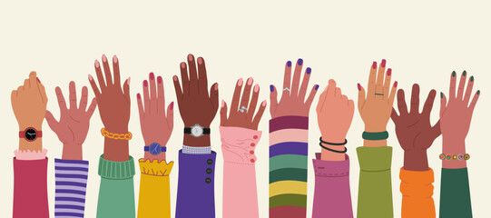 Diverse multiracial hands raised up. Team cooperation and communication. International community. Hand drawn vector vector illustration isolated on light background, modern flat cartoon style.