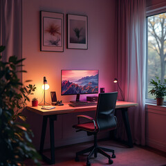 Fototapeta premium Vibrant Digital Artwork of a Sleek Ergonomic Desk with Modern Design and Cozy Ambiance