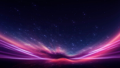 Neon empty stage lamps, pink and purple light, dark corridor, futuristic dark neon portal.