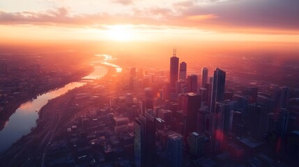 Fototapeta premium A stunning stock photo captured from above, showing a sprawling cityscape bathed in the warm, golden light of sunrise.