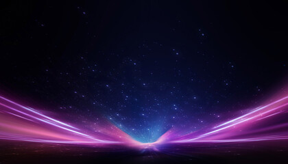 Neon empty stage lamps, pink and purple light, dark corridor, futuristic dark neon portal.