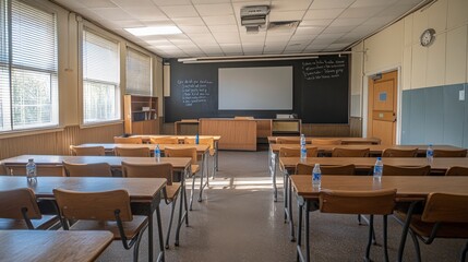 Fototapeta premium Empty Classroom with Wooden Desks and Sunlit Windows