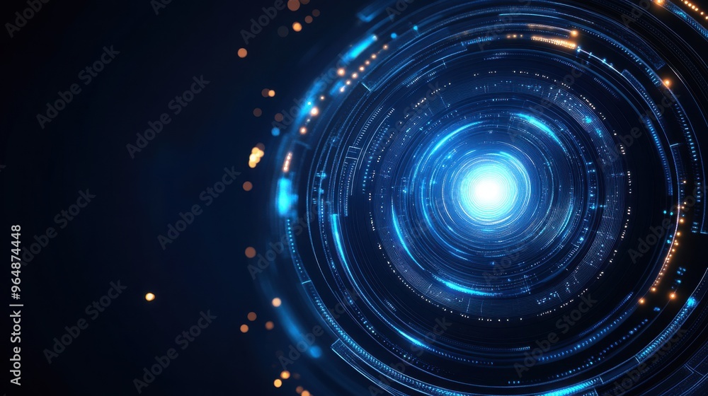 Poster a mesmerizing digital vortex showcasing vibrant blue lights swirling in a circular pattern, evoking 