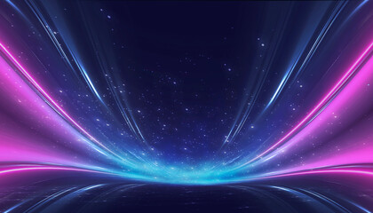 Neon empty stage lamps, pink and purple light, dark corridor, futuristic dark neon portal.