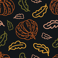 Seamless pattern with pumpkin and oak leaves on dark grey background