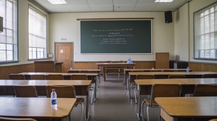Empty Classroom with Wooden Desks and Sunlit Windows