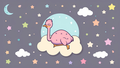 Little cartoon ostrich bird sleeping on a cloud, flat design illustration