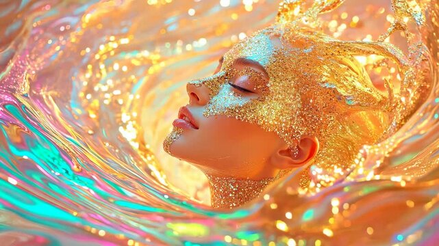 A woman with glitter-covered face submerged in vibrant, swirling liquid, creating a surreal fantasy scene, symbolizing beauty, creativity, and abstract art.