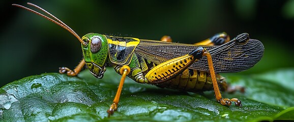 A close-up of a green, yellow, and brown grasshopper perched on a green leaf.