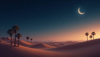Desert Night with Crescent Moon Calm desert scene with a glowing crescent moon and Islamic designs framing the tranquil night
