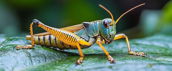 Close-up of a vibrant green and yellow grasshopper perched on a leaf.