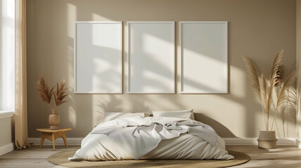 Modern style bedroom interior with a beige bed and mock up frames for wall decoration.
