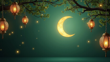 Emerald Green & Golden Lantern Rich emerald green background with golden lanterns and a softly glowing crescent moon