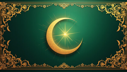 Emerald Green with Golden Islamic Patterns Luxurious emerald green with golden Islamic patterns and a softly glowing crescent moon