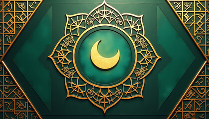 Emerald Green & Gold Geometric Patterns Emerald green backdrop with gold Islamic geometric patterns and a softly glowing crescent moon