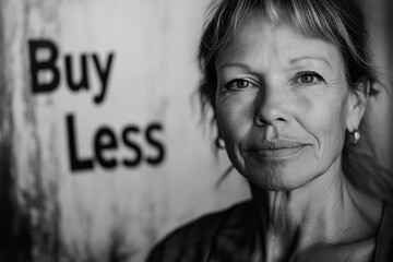 A mature white woman with a thoughtful expression stands next to the words "Buy Less," symbolizing anti-consumerism. The concept promotes mindfulness, minimalism, and Buy Nothing Day