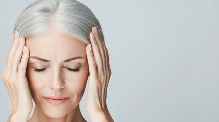 Fototapeta premium Senior woman experiencing a headache, touching her forehead with her eyes closed, her face showing discomfort and worry