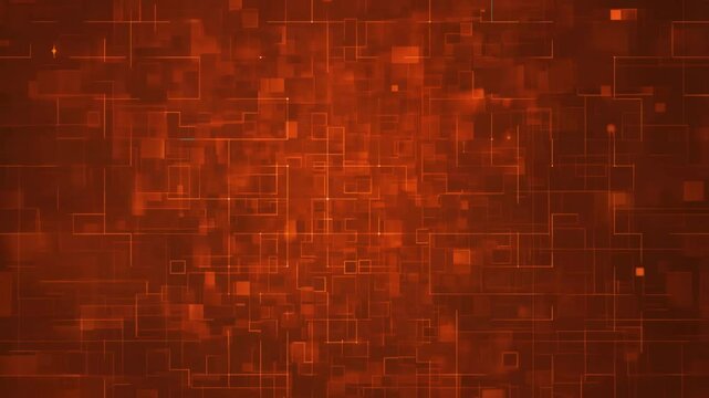 Floating through cyberspace with animated orange squares and moving connect lines on dark red background. Abstract geometrical futuristic effect for techno title screen or business presentation cover.