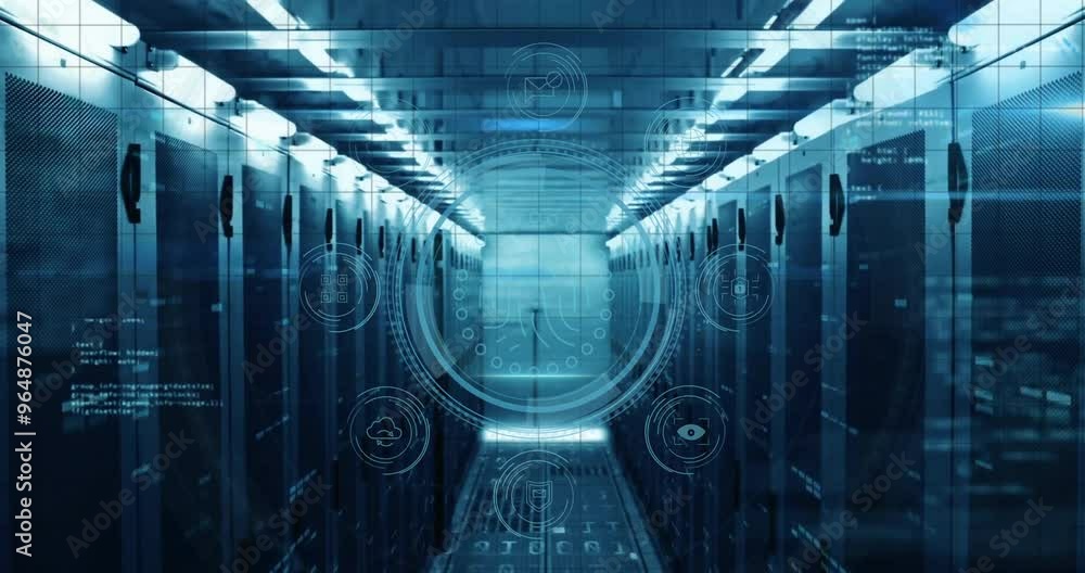 Poster animation of data protections text and digital data processing over computer servers