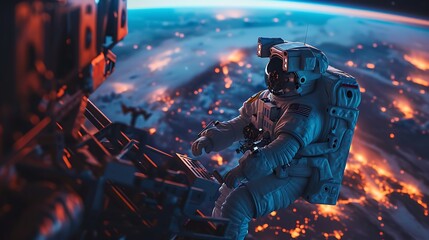 An astronaut working on a space station with the earth in the background