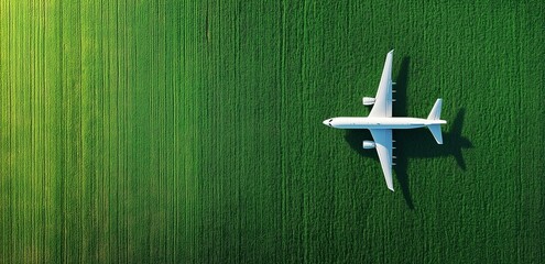 The green field with shadow of an airplan. Conceptual image of green, eco-friendly fuel for aviation, symbolizing the sustainable future of air travel with a focus on environmental conservation.