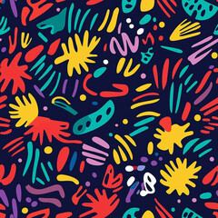 Quirky whimsical bold colored doodles - seamless pattern