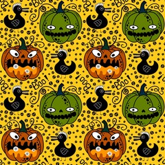 Fototapeta premium Halloween cute pumpkins seamless monsters pattern for wrapping paper and fabric